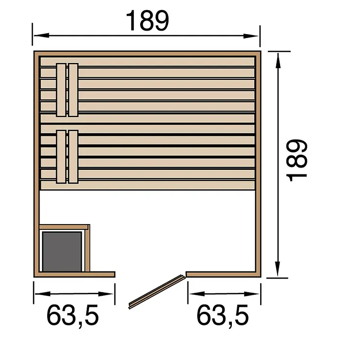 Weka Massivholzsauna Valida - Mit 9 kW Ofen mit integrierter Steuerung, L x B x H: 187 x 187 x 203,5 cm - Grundriss einer Sauna mit Maßen. Das Layout zeigt Bänke, einen Ofen und einen Eingangsbereich.