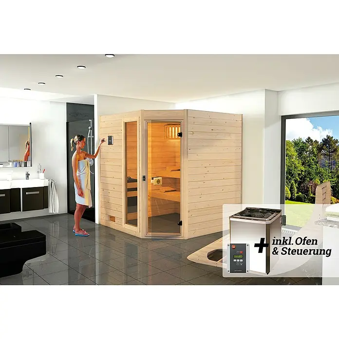 Weka Massivholzsauna Valida - Mit 7,5 kW Bio-Ofen mit digitaler Steuerung, L x B x H: 187 x 170 x 203,5 cm, Anzahl Fenster: 1 Stk. - Eine moderne Sauna mit Holzverkleidung und Glaselementen, inklusive Ofen und Steuerung, in einem hellen Badezimmer.