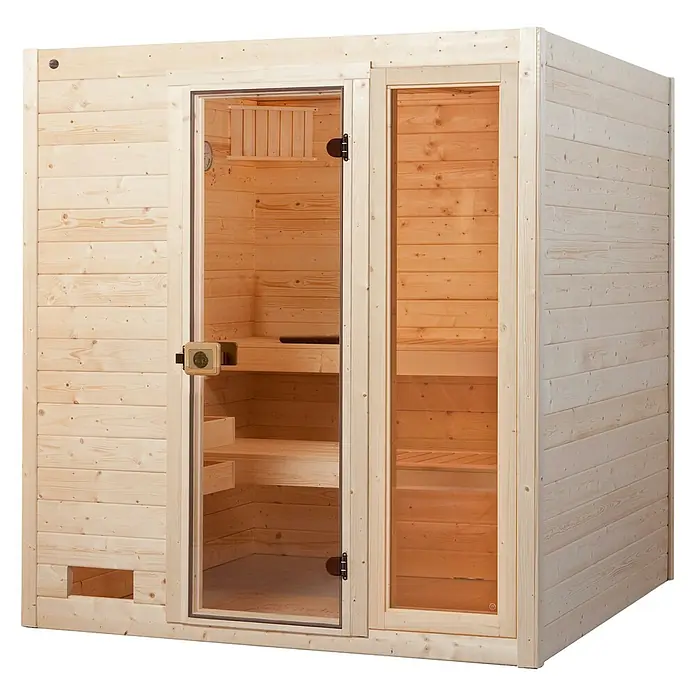 Weka Massivholzsauna Valida - Mit 9 kW Ofen mit integrierter Steuerung, L x B x H: 187 x 187 x 203,5 cm, Anzahl Fenster: 1 Stk. - Eine helle Holzsauna mit Glastür und mehreren Regalen im Inneren, die zum Entspannen einlädt.\n
