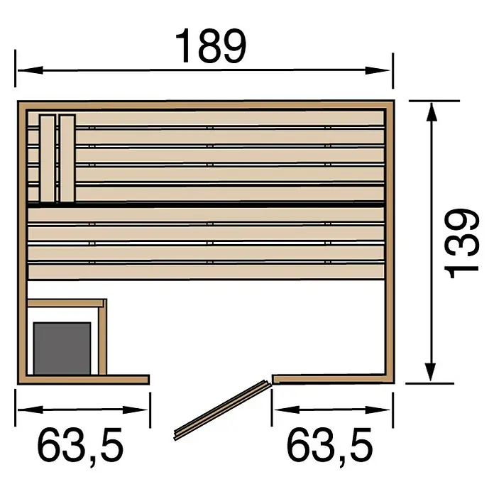 Weka Massivholzsauna Valida - Mit 4,5 kW Bio-Ofen mit digitaler Steuerung, L x B x H: 187 x 137 x 203,5 cm - Grundriss einer Sauna mit Maßen.