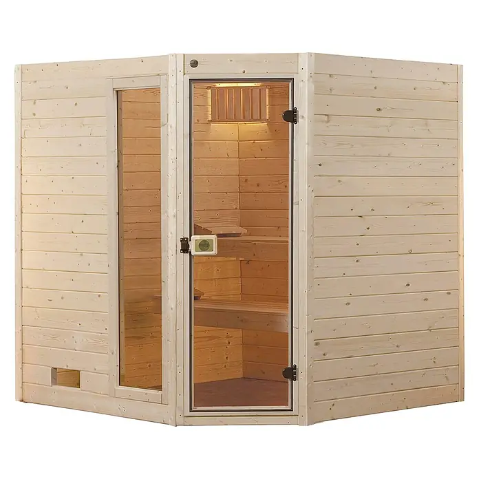 Weka Massivholzsauna Valida - Mit 7,5 kW Bio-Ofen mit digitaler Steuerung, L x B x H: 187 x 170 x 203,5 cm, Anzahl Fenster: 1 Stk. - Hier ist eine Infrarotsauna mit gläsernen Türen, gefertigt aus hellem Holz. Die Sauna verfügt über integrierte Bänke für entspannende Momente.