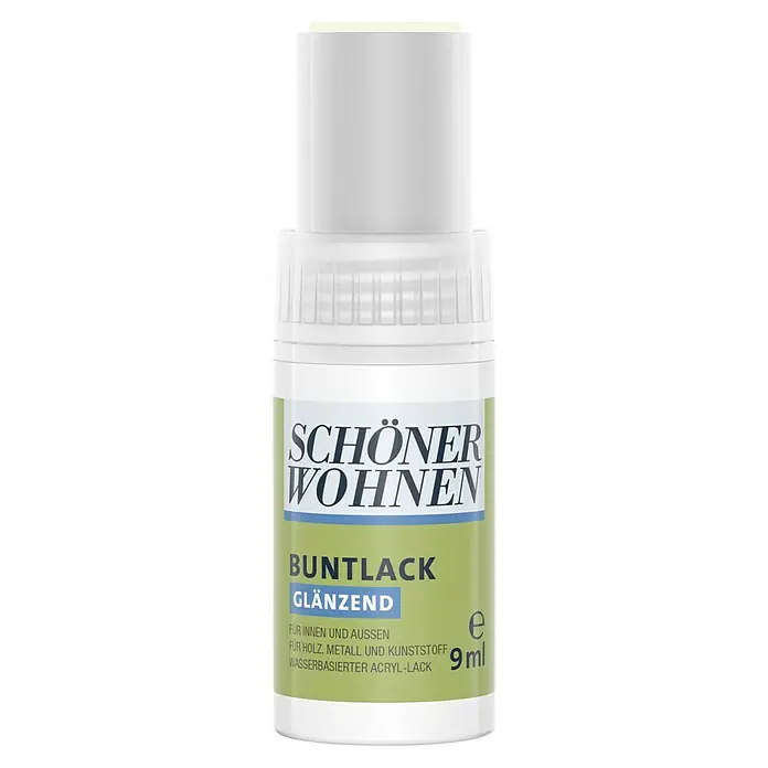 SCHÖNER WOHNEN-Farbe Home Lackstift - Reinweiß, 9 ml, Glänzend, Wasserbasiert - Eine Nahaufnahme einer kleinen Flasche SCHÖNER WOHNEN Buntlack, glänzend, geeignet für Holz, Metall und Kunststoff mit 9ml Inhalt.