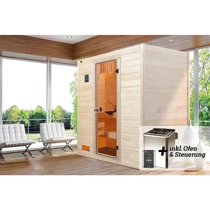 Weka Massivholzsauna Valida - Mit 4,5 kW Bio-Ofen mit digitaler Steuerung, L x B x H: 187 x 137 x 203,5 cm - Eine moderne Sauna mit Glastür, hellem Holz und stilvollem Design für entspannende Momente, inklusive Ofen und Steuerung.