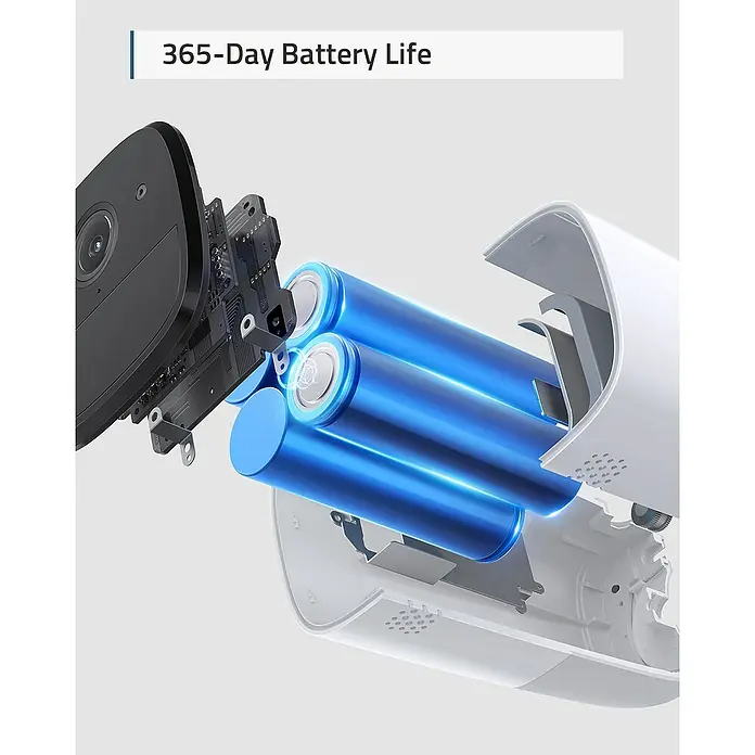 Eufy Türklingel mit Kamera 2K mit Basis T8210 - Schwarz, L x B x H: 111 x 184 x 206 mm - Illustration einer Überwachungskamera mit 365 Tagen Akkulaufzeit, die die internen Batterien zeigt.