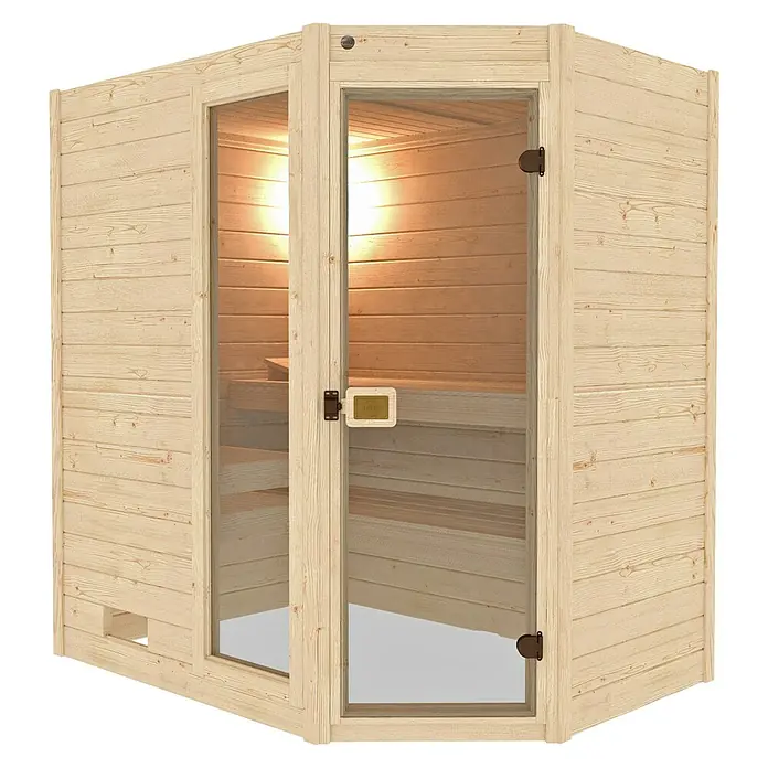 Weka Massivholzsauna Valida - Mit 5,4 kW Ofen mit integrierter Steuerung, L x B x H: 187 x 137 x 203,5 cm, Anzahl Fenster: 1 Stk. - Ein Ecksauna-Modell mit Glastür und Holzverkleidung, beleuchtet, für entspannende Wellnessmomente zu Hause.