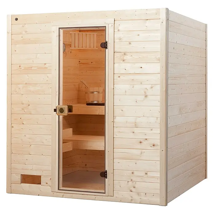 Weka Massivholzsauna Valida - Mit 4,5 kW Bio-Ofen mit digitaler Steuerung, L x B x H: 187 x 137 x 203,5 cm - Holzsauna mit Glastür und Inneneinrichtung. Die Sauna bietet Entspannung und Wärme für zu Hause. Ideal für Wellness und Gesundheit.