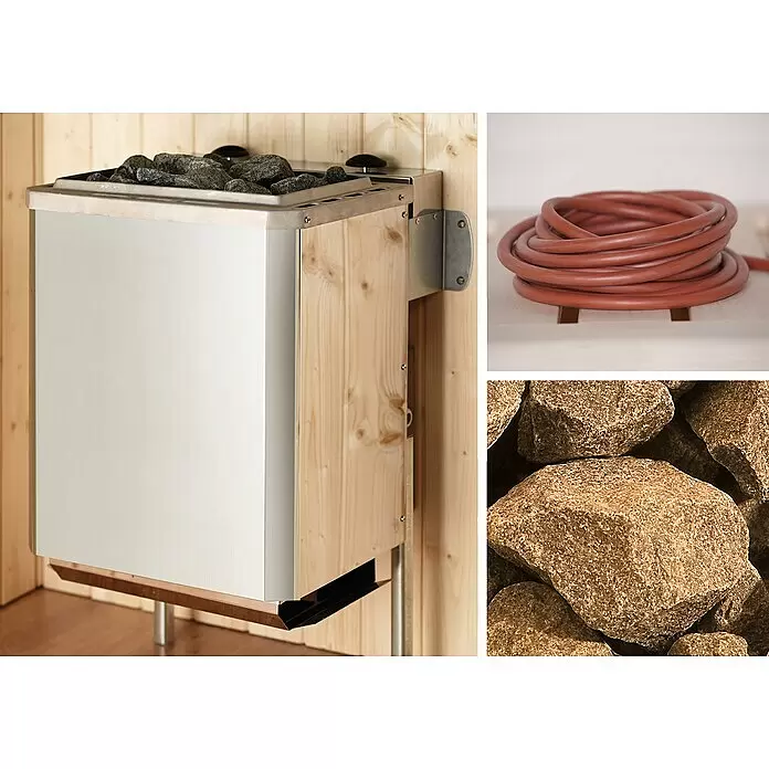 Weka Massivholzsauna Valida - Mit 5,4 kW Ofen mit integrierter Steuerung, L x B x H: 187 x 137 x 203,5 cm, Anzahl Fenster: 1 Stk. - Saunaofen mit Metallplatten und hellem Holz, oben mit dunklen Steinen, in einer Holzsauna installiert.