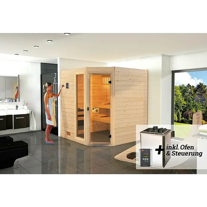 Weka Massivholzsauna Valida - Mit 7,5 kW Ofen mit digitaler Steuerung, L x B x H: 187 x 170 x 203,5 cm, Anzahl Fenster: 1 Stk. - Moderne Sauna mit Holzverkleidung und Glaselementen, inklusive Ofen und Steuerung für ein entspannendes Saunaerlebnis.