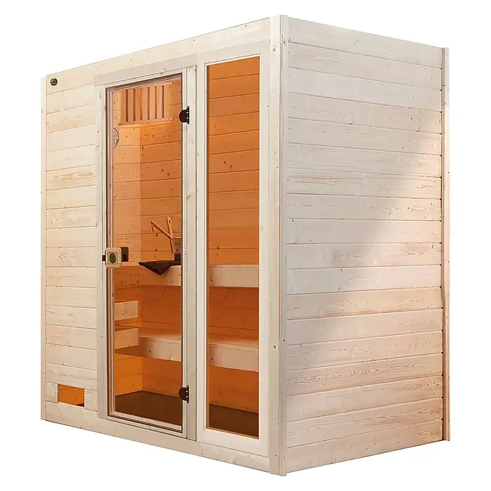 Weka Massivholzsauna Valida - Mit 7,5 kW Bio-Ofen mit digitaler Steuerung, L x B x H: 187 x 137 x 203,5 cm, Anzahl Fenster: 1 Stk. - Geräumige Sauna mit Glasfront und Holzverkleidung. Ideal für entspannende Momente und die Verbesserung des Wohlbefindens.