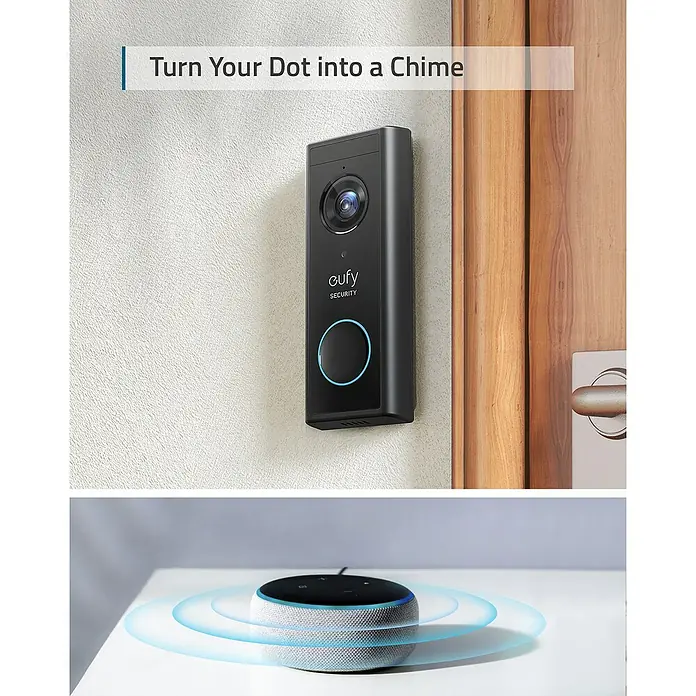 Eufy Türklingel mit Kamera 2K Zusatzklingel T8210 - Schwarz, L x B x H: 181 x 109 x 77 mm - Das eufy Security-Video-Türklingelsystem mit integrierter Kamera und Alexa-Integration verwandelt Ihren Dot in eine Türklingel.