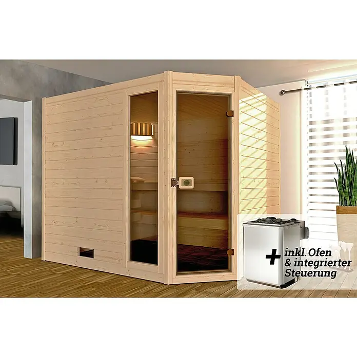 Weka Massivholzsauna Valida - Mit 9 kW Ofen mit integrierter Steuerung, L x B x H: 237 x 187 x 203,5 cm, Anzahl Fenster: 1 Stk. - Abbildung einer modernen Sauna mit integriertem Ofen und Steuerung, die Entspannung und Wellness für zu Hause verspricht.