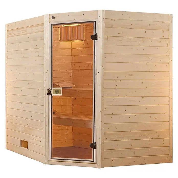 Weka Massivholzsauna Valida - Mit 9 kW Ofen mit integrierter Steuerung, L x B x H: 237 x 187 x 203,5 cm, Einstieg Sauna: Eckeinstieg - Holzsauna mit Glastür. Die Innenausstattung der Sauna umfasst Holzbänke und eine integrierte Beleuchtung für Entspannung.