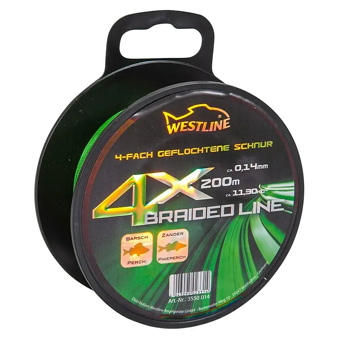 Westline Angelschnur 4 X Braided Line - Ø x L: 0,14 mm x 200 m, Tragkraft: 11,3 kg, Grün - Westline 4X geflochtene Angelschnur, 200m Rolle mit hoher Tragkraft und Durchmesser, ideal für Barsch und Zander.