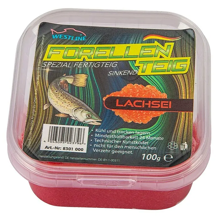 Westline Forellenteig - Rot, Lachsei, 130 g - Forellenteig Lachsei in roter Dose. Fertigteig zum Angeln auf Forellen, speziell für den Einsatz als Kunstköder. 100g Packung.