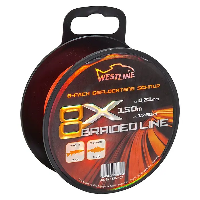 Westline Angelschnur 8 X Braided Line - Ø x L: 0,21 mm x 150 m, Tragkraft: 17,6 kg, Orange - Westline 8X Geflochtene Schnur: Hochwertige Angelschnur für Hecht und Dorsch, 0,21mm Durchmesser, 150m Länge, 17,60kg Tragkraft.