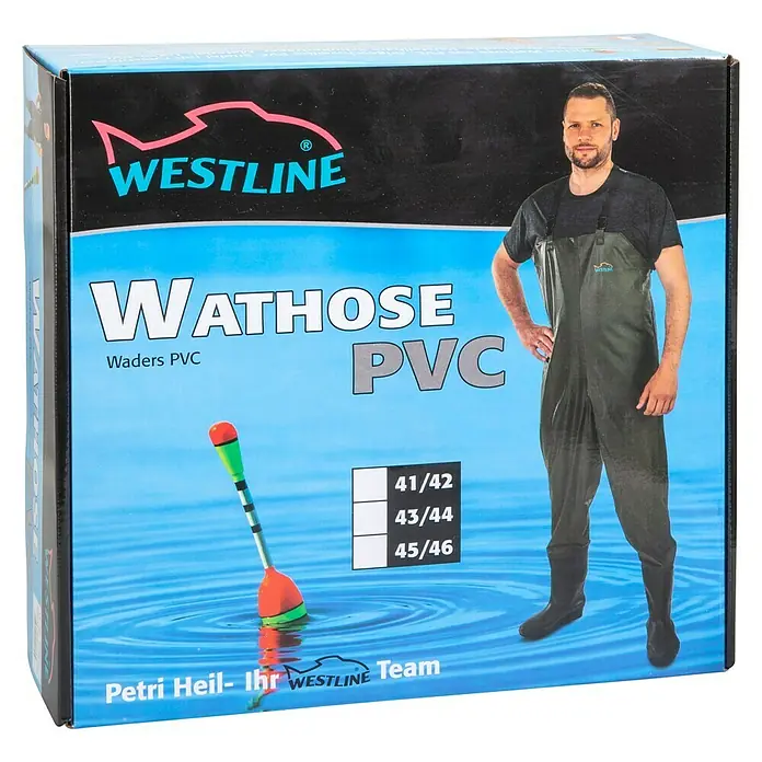 Westline Vadeador - Medida: 41, Negro - Imagen de un paquete de Westline Wathose PVC. Estos vadeadores son ideales para la pesca y actividades al aire libre.