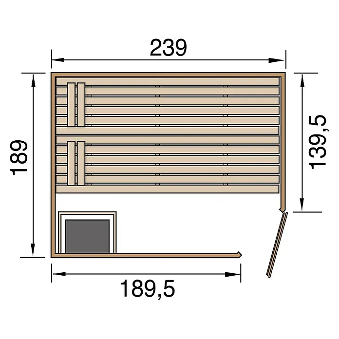 Weka Massivholzsauna Valida - Mit 9 kW Ofen mit integrierter Steuerung, L x B x H: 237 x 187 x 203,5 cm, Einstieg Sauna: Eckeinstieg - Draufsicht auf einen Saunaplan mit Maßangaben. Geeignet für Bauprojekte oder Designinspirationen.