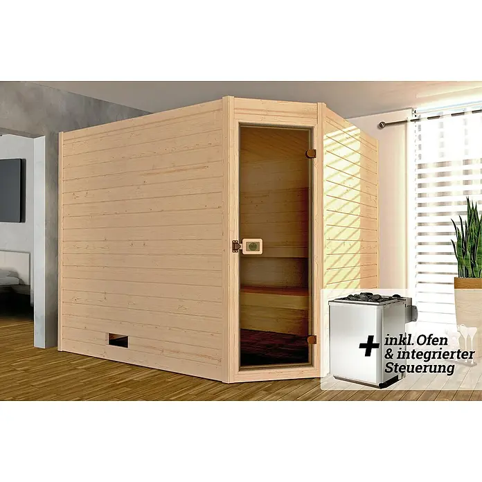 Weka Massivholzsauna Valida - Mit 9 kW Ofen mit integrierter Steuerung, L x B x H: 237 x 187 x 203,5 cm, Einstieg Sauna: Eckeinstieg - Bild einer Holzsauna mit Glastür, inklusive Ofen und integrierter Steuerung.
