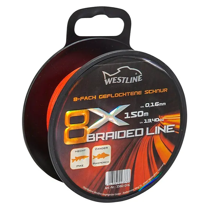 Westline Angelschnur 8 X Braided Line - Ø x L: 0,16 mm x 150 m, Tragkraft: 13,4 kg, Orange - Westline 8X geflochtene Angelschnur, 150m, 0,16mm, orange.