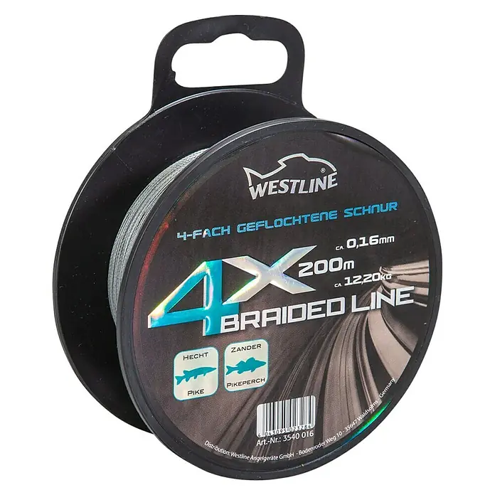 Westline Angelschnur 4 X Braided Line - Ø x L: 0,16 mm x 200 m, Tragkraft: 12,2 kg, Grau - Westline 4X Geflochtene Schnur: Hochwertige Angelschnur für Hecht und Zander. Ideal für anspruchsvolle Angler.