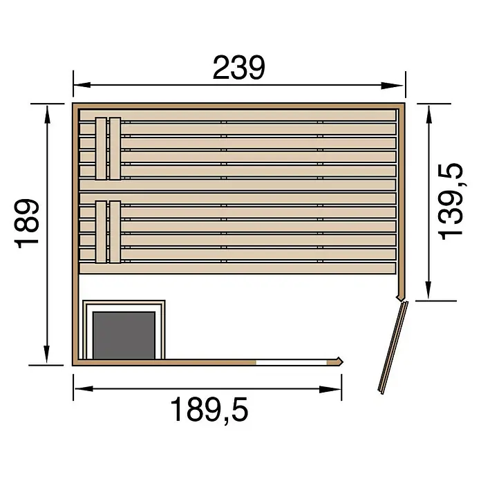 Weka Massivholzsauna Valida - Mit 9 kW Ofen mit integrierter Steuerung, L x B x H: 237 x 187 x 203,5 cm, Anzahl Fenster: 1 Stk. - Draufsicht Sauna-Grundriss mit Maßangaben für Planung und Gestaltung des Saunabereichs.