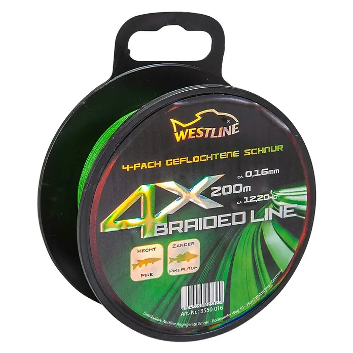 Westline Angelschnur 4 X Braided Line - Ø x L: 0,16 mm x 200 m, Tragkraft: 12,2 kg, Grün - Aufnahme von Westline 4X geflochtener Angelschnur, 200 m, 0,16 mm, 12,20 kg, ideal zum Hecht- und Zanderangeln.