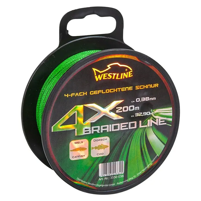 Westline Angelschnur 4 X Braided Line - Ø x L: 0,38 mm x 200 m, Tragkraft: 32,9 kg, Grün - Geflochtene grüne Angelschnur Westline 4X mit hoher Tragkraft. Geeignet für Wels- und Dorschfang, 200 m lang und 0,38 mm dick.