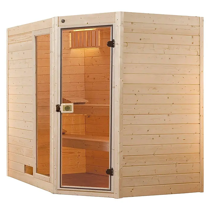 Weka Massivholzsauna Valida - Mit 9 kW Ofen mit integrierter Steuerung, L x B x H: 237 x 187 x 203,5 cm, Anzahl Fenster: 1 Stk. - Eine Ecksauna mit Glastür und Holzverkleidung, die Entspannung und Wohlbefinden verspricht. Ideal für Ihr Zuhause!
