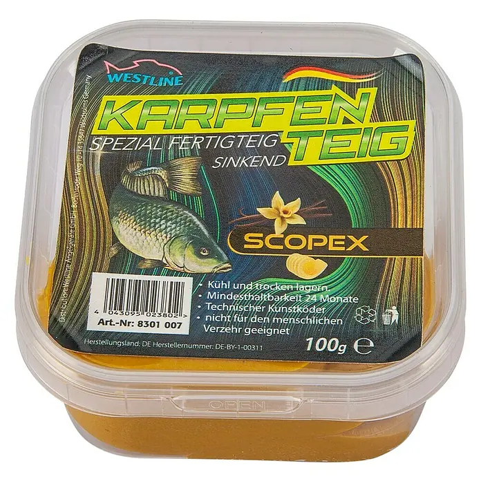 Westline Karpfenteig - 130 g, Scopex - Karpfen-Fertigteig mit Scopex-Geschmack von Westline, ideal zum Angeln. Kühl und trocken lagern, nicht für den menschlichen Verzehr geeignet.