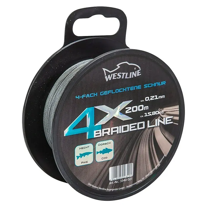Westline Angelschnur 4 X Braided Line - Ø x L: 0,21 mm x 200 m, Tragkraft: 15,8 kg, Grau - Westline 4X geflochtene Angelschnur, 200m, 0,21mm Durchmesser und 15,80kg Tragkraft. Ideal zum Angeln auf Hecht und Dorsch.