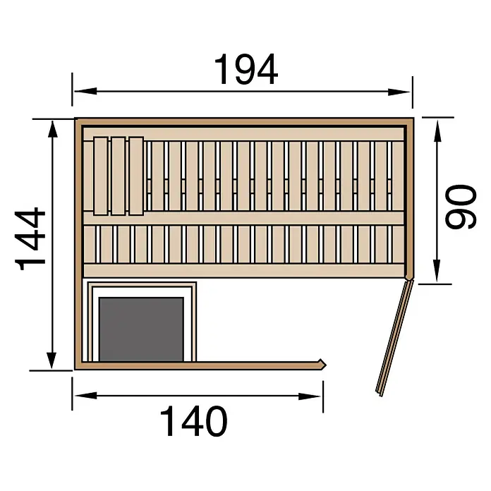 Weka Elementsauna 508 GT Gr.2 BioS - Mit Ofen, Steuerung Ofen: Extern, L x B x H: 144 x 194 x 199 cm - Draufsicht der detaillierten Konstruktionszeichnungen einer modularen Infrarotsauna mit Abmessungen für eine einfache Installation.
