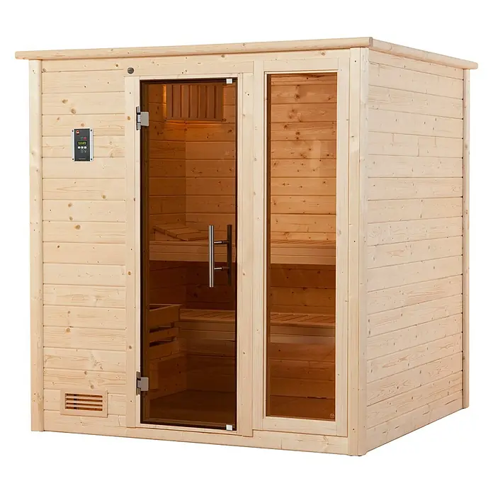 Weka Massivholzsauna BERGEN - Mit 7,5 kW Ofen mit digitaler Steuerung, L x B x H: 188 x 171 x 205 cm - Hier ist die großartige Holzsauna mit Glastür. Sie ist geräumig und einladend.