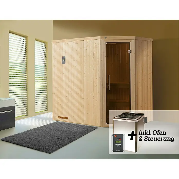Weka Elementsauna 508 GT Gr.2 BioS - Mit Ofen, Steuerung Ofen: Extern, L x B x H: 144 x 194 x 199 cm - Hier ist die Ecksauna mit Ofen und Steuerung. Ideal für entspannende Stunden und ein angenehmes Saunaerlebnis.
