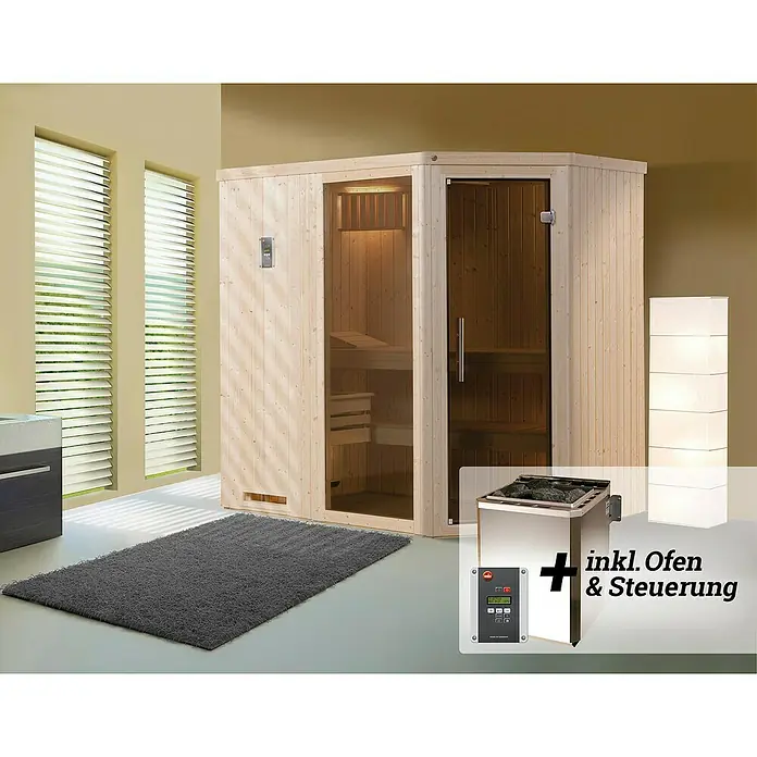 Weka Elementsauna 508 GTF Gr.2 BioS - Bioofen, Steuerung Ofen: Extern, L x B x H: 144 x 194 x 199 cm - Innenansicht einer modernen Holzsauna mit Steuerung und Ofen. Ein erholsames Wellness-Erlebnis für Zuhause.