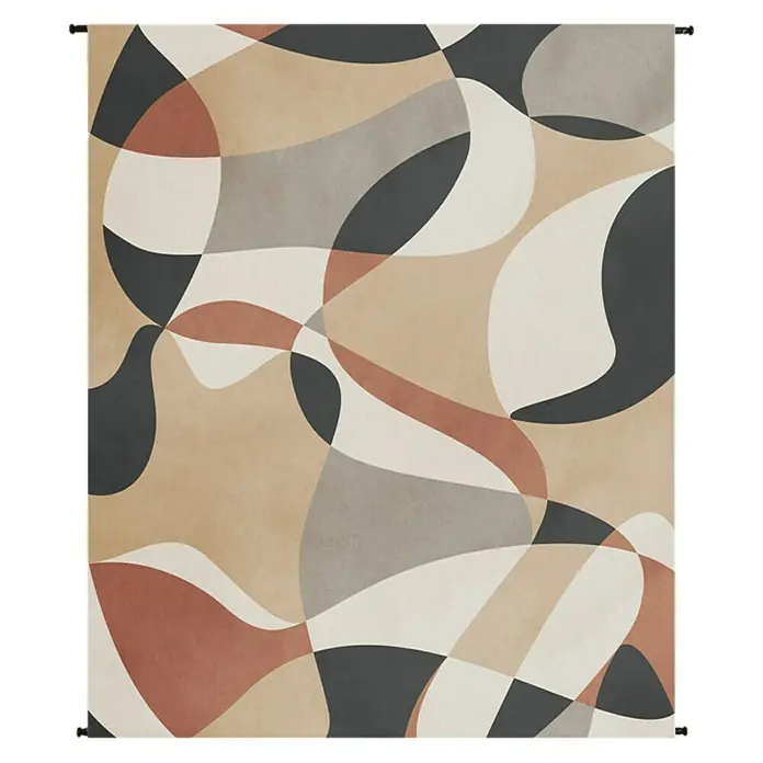 Wandbild Textil - Modern, B x H: 120 x 140 cm, Polyester - Abstraktes Design mit geschwungenen Formen in Beige-, Grau- und Rottönen, ideal für moderne Wandgestaltung.