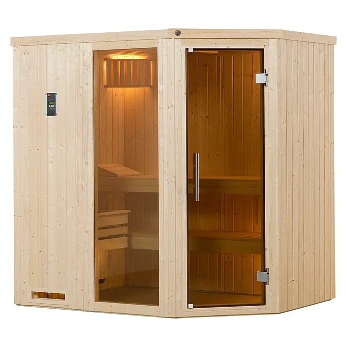 Weka Elementsauna 508 GTF Gr.2 BioS - Bioofen, Steuerung Ofen: Extern, L x B x H: 144 x 194 x 199 cm - Ein Ecksauna-Modell mit Glastür und Holzverkleidung für entspannende Saunaerlebnisse.