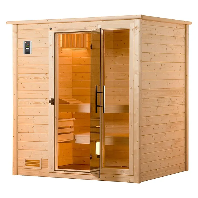 Weka Massivholzsauna BERGEN - Mit 7,5 kW Bio-Ofen mit digitaler Steuerung, L x B x H: 188 x 138 x 205 cm - Saunakabine mit Glastür und Steuerungspanel. Die Saunakabine ist aus hellem Holz gefertigt und bietet Platz zum Entspannen.