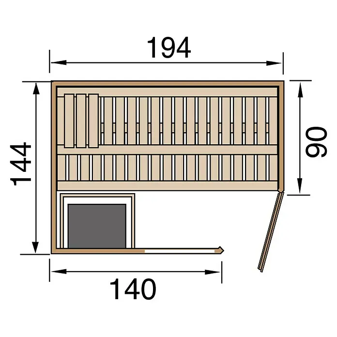 Weka Elementsauna 508 GTF Gr.2 BioS - Bioofen, Steuerung Ofen: Extern, L x B x H: 144 x 194 x 199 cm - Bild mit den Maßen einer Saunakabine mit einer Breite von 194 cm und einer Tiefe von 144 cm, einschließlich einer Tür.