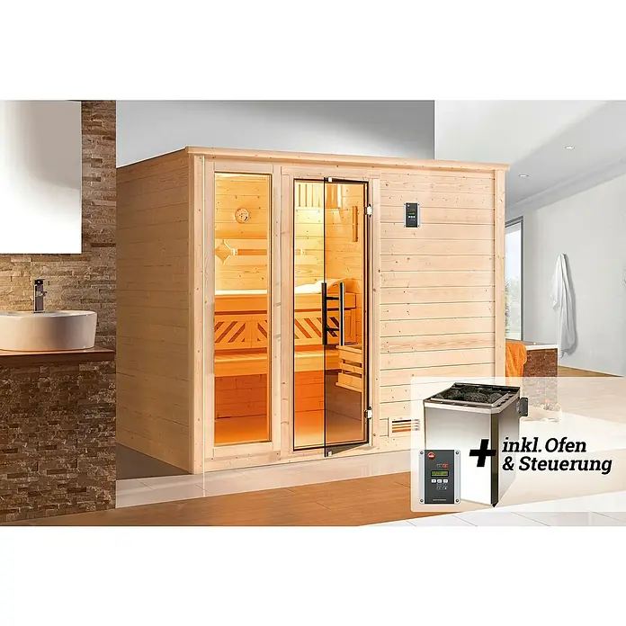 Weka Massivholzsauna BERGEN 7,5 kW BioS GT/F Gr.3 - Bioofen, Steuerung Ofen: Extern, L x B x H: 245,5 x 205 x 195 cm - Eine moderne Sauna mit Glastür und eingebautem Ofen, ideal für entspannende Momente zu Hause. Inklusive Steuerung für individuelle Einstellungen.