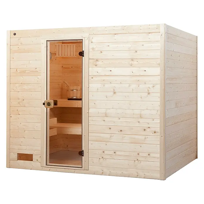 Weka Massivholzsauna Valida - Mit 9 kW Ofen mit integrierter Steuerung, L x B x H: 237 x 187 x 203,5 cm - Nahaufnahme einer Holzsauna mit Glastür, die den Innenraum mit Bänken und einem hölzernen Wasserbehälter zeigt. Perfekt für Entspannung.