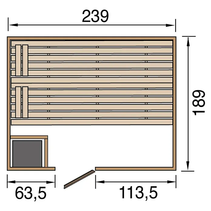 Weka Massivholzsauna Valida - Mit 9 kW Ofen mit integrierter Steuerung, L x B x H: 237 x 187 x 203,5 cm - Grundriss einer Sauna mit Maßen. Die Sauna hat eine Breite von 239 cm und eine Tiefe von 189 cm.