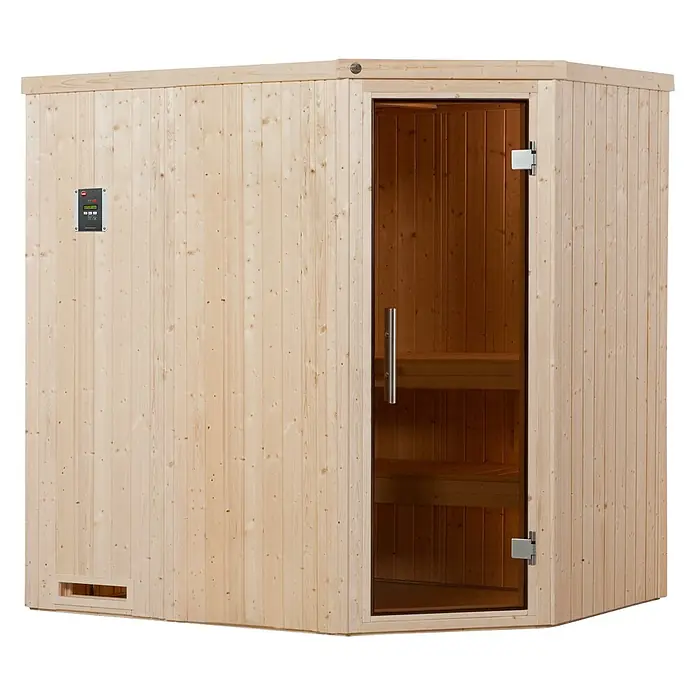 Weka Elementsauna 508 GT Gr.2 BioS - Mit Ofen, Steuerung Ofen: Extern, L x B x H: 144 x 194 x 199 cm - Diese Aufnahme zeigt eine moderne Sauna mit Glastür, hellen Holzpaneelen und digitalem Bedienfeld, die Entspannung und Wellness verspricht.