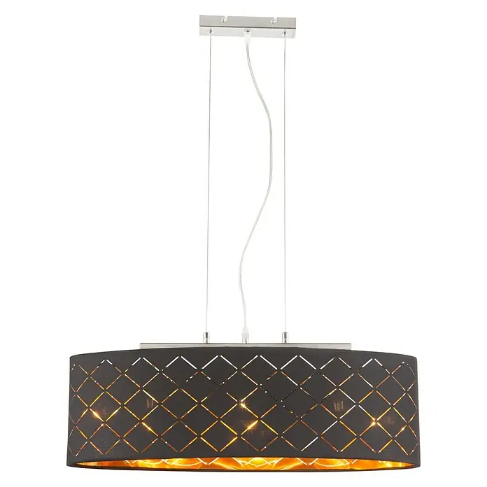 Globo Clarke Pendelleuchte - L x B x H: 65 x 25 x 140 cm, Schwarz, Gold - Eine moderne, schwarze Hängelampe mit einem geometrischen Muster und goldenem Innenleben, die warmes Licht spendet.