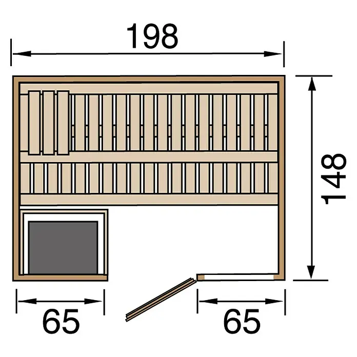Weka Massivholzsauna BERGEN - Mit 7,5 kW Bio-Ofen mit digitaler Steuerung, L x B x H: 188 x 138 x 205 cm - Draufsicht eines Saunaplans mit Bemaßungen, die die Größe und Anordnung des Saunaraums zeigen.