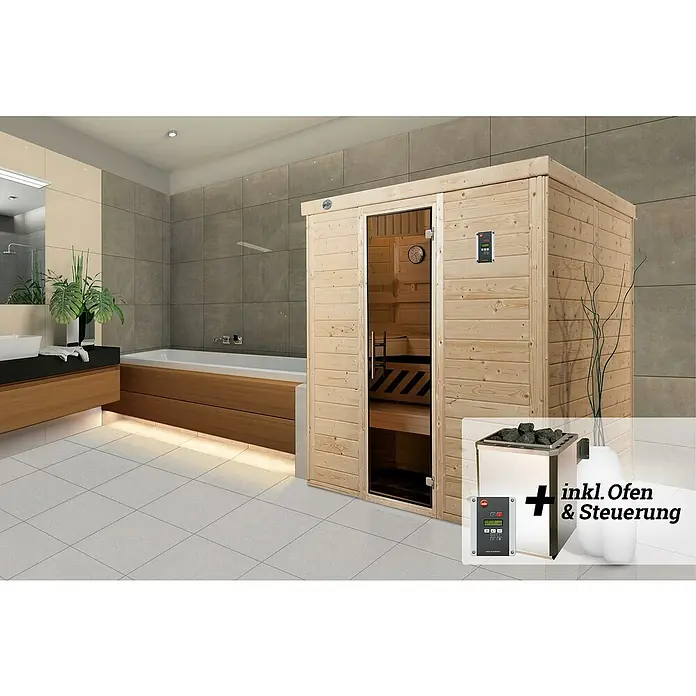 Weka Massivholzsauna KEMI - Mit 7,5 kW Ofen mit digitaler Steuerung, L x B x H: 188 x 140 x 200 cm - Eine Indoor-Sauna mit Glaseingangstür in einem modern gefliesten Badezimmer, inklusive Ofen und Steuerung.