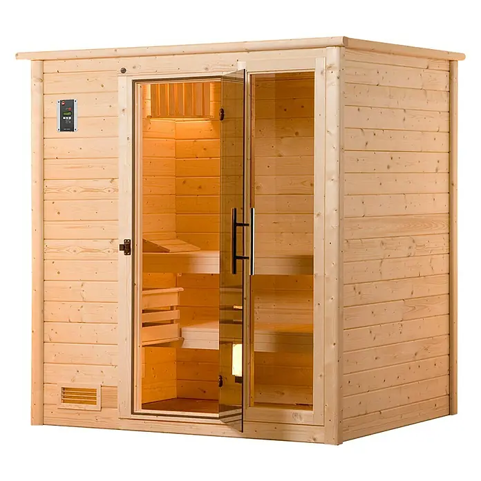 Weka Massivholzsauna BERGEN - Mit 7,5 kW Ofen mit digitaler Steuerung, L x B x H: 188 x 138 x 205 cm - Einladende Sauna mit Glastür, die einen Blick auf die hölzerne Innenausstattung und die Bänke bietet, ideal für Entspannung und Wellness.