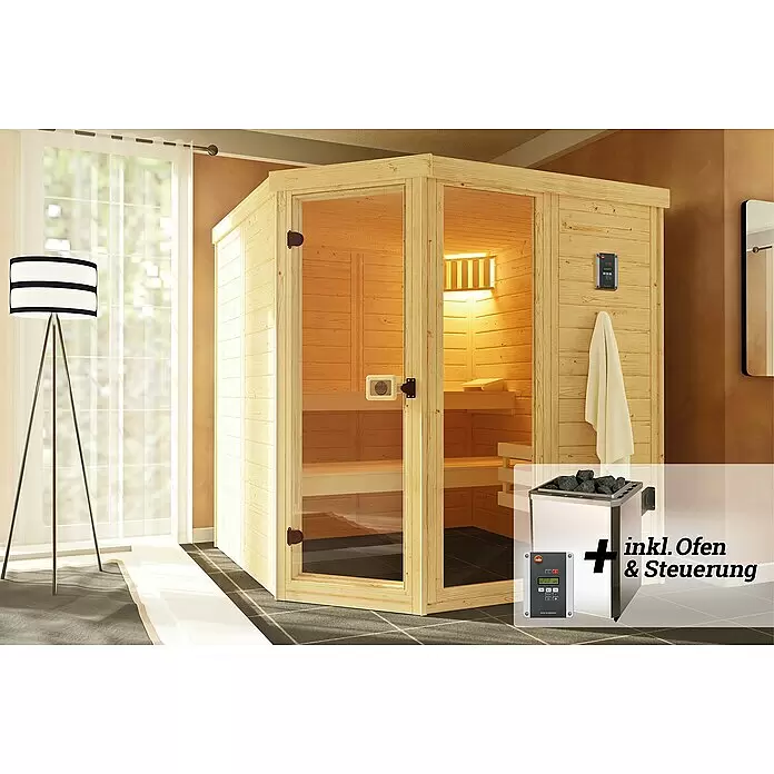 Weka Massivholzsauna Laukkala - Mit 7,5 kW Ofen mit digitaler Steuerung, L x B x H: 186,6 x 186,6 x 200 cm - Helle Holzsaunakabine mit Glastüren in einem Raum, innen beleuchtet. Ein Overlay hebt den enthaltenen Saunaofen und die Steuerung hervor.