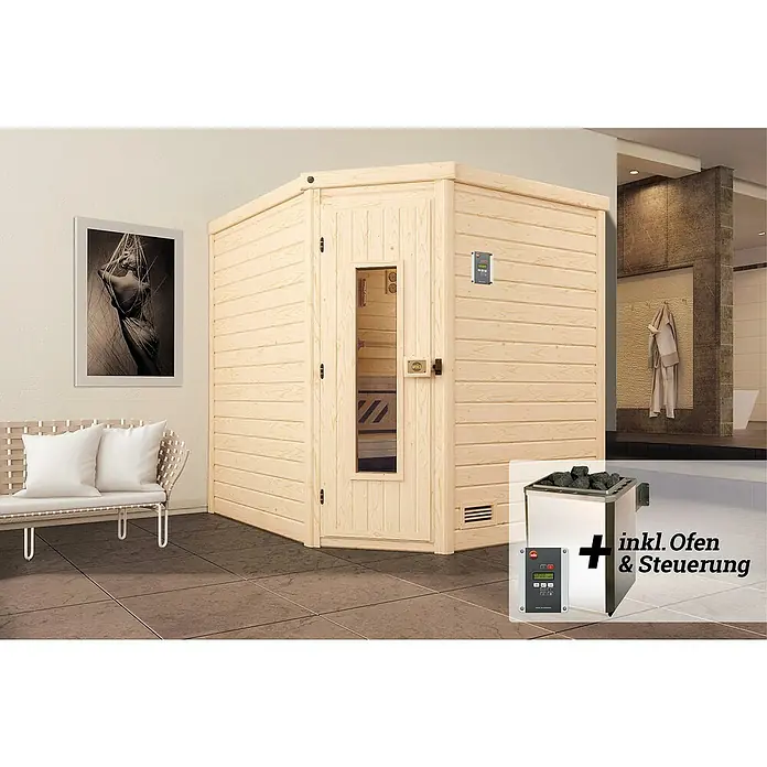 Weka Massivholzsauna TURKU 7,5 kW OS MT Gr.2 - Mit 7,5 kW Ofen mit externer Steuerung, L x B x H: 198 x 205 x 198 cm - Eine Ecksauna aus hellem Holz mit Glastür und digitalem Bedienfeld, inklusive Ofen und Steuerung für ein entspannendes Saunaerlebnis.