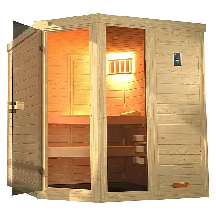 Weka Massivholzsauna Laukkala - Mit 7,5 kW Ofen mit digitaler Steuerung, L x B x H: 186,6 x 138,6 x 200 cm - Ecksauna aus hellem Holz mit Glastür, Innenbeleuchtung und externem Bedienfeld.