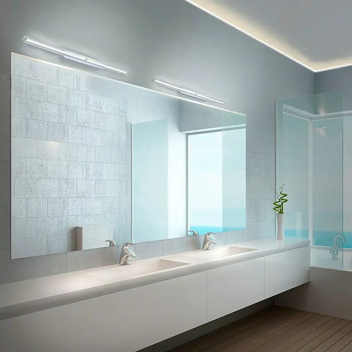 Paul Neuhaus LED-Spiegelleuchte - 30 W, L x B x H: 120 x 4,2 x 5,5 cm, Tageslichtweiß - Ein Badezimmer mit einem Doppelwaschbecken, beleuchtet von eleganten, horizontalen Leuchten über dem Spiegel, die für eine helle und moderne Atmosphäre sorgen.
